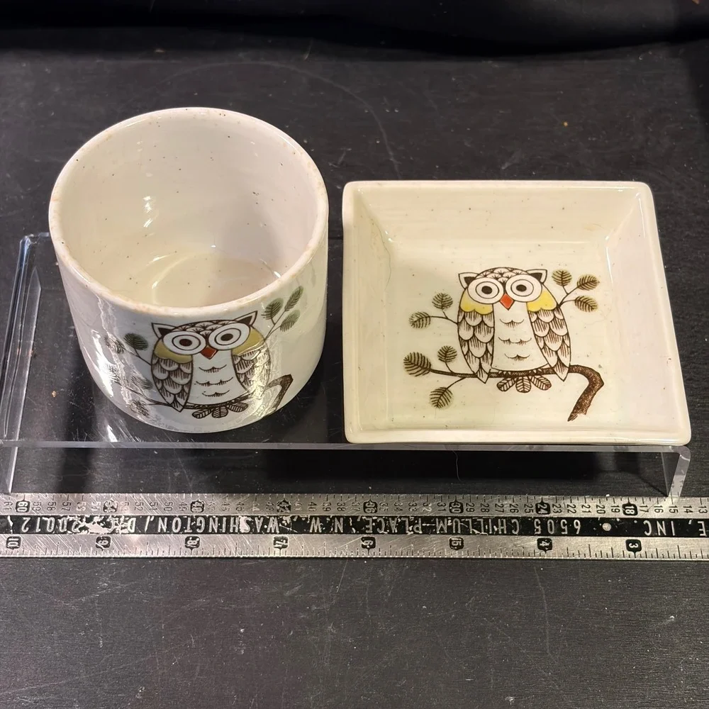 Vintage Speckled Ceramic Owl Tea Cup and Square Saucer Set Cream Brown